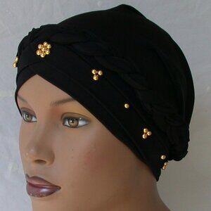 Women's Instant Turban Hijab Braid Chemo Cap Muslim Headcover Black Bonnet